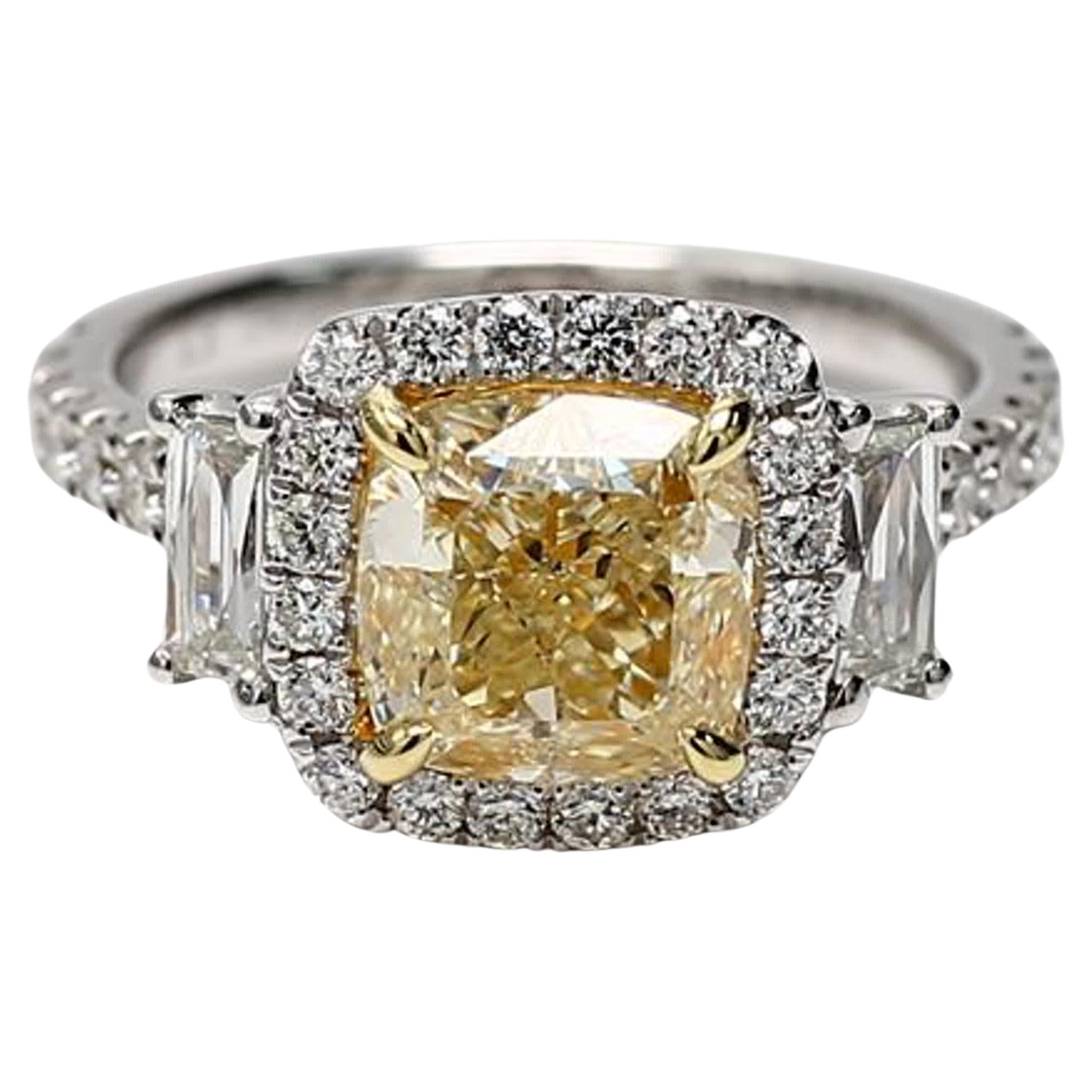 GIA Certified Natural Yellow Cushion and White Diamond 4.05 Carat TW Gold Ring For Sale