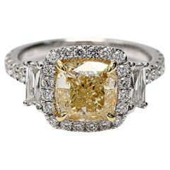 GIA Certified Natural Yellow Cushion and White Diamond 4.05 Carat TW Gold Ring