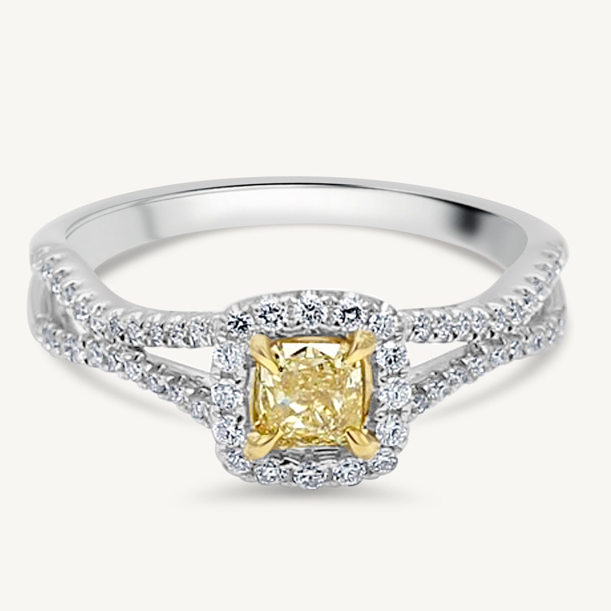 GIA Certified Natural Yellow Cushion and White Diamond .65 Carat TW Gold Ring For Sale