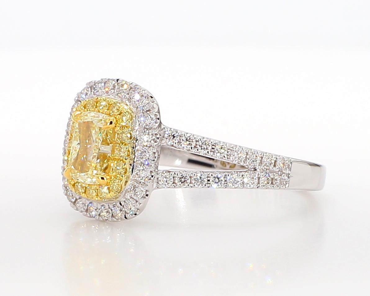 Contemporary GIA Certified Natural Yellow Cushion Diamond 1.20 Carat TW Gold Cocktail Ring For Sale