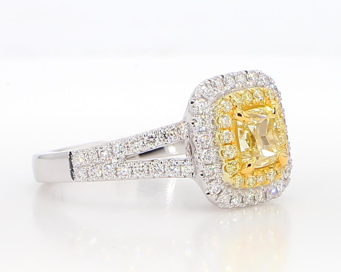 Cushion Cut GIA Certified Natural Yellow Cushion Diamond 1.42 Carat TW Gold Cocktail Ring For Sale