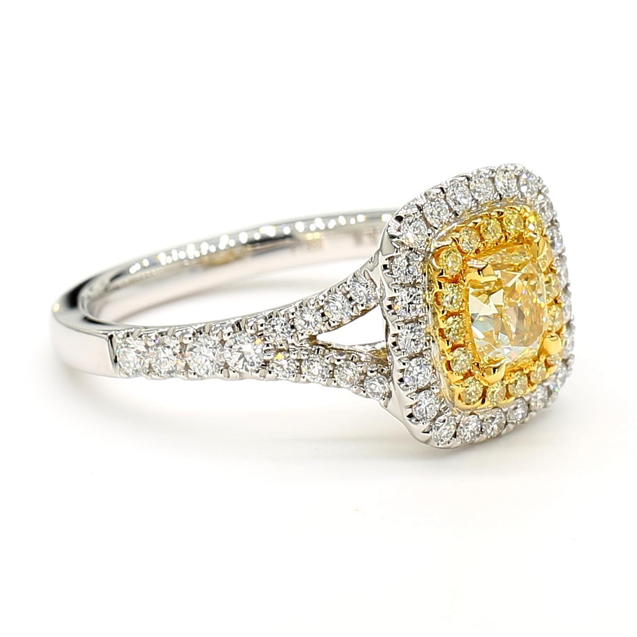Cushion Cut GIA Certified Natural Yellow Cushion Diamond 1.42 Carat TW Gold Cocktail Ring For Sale