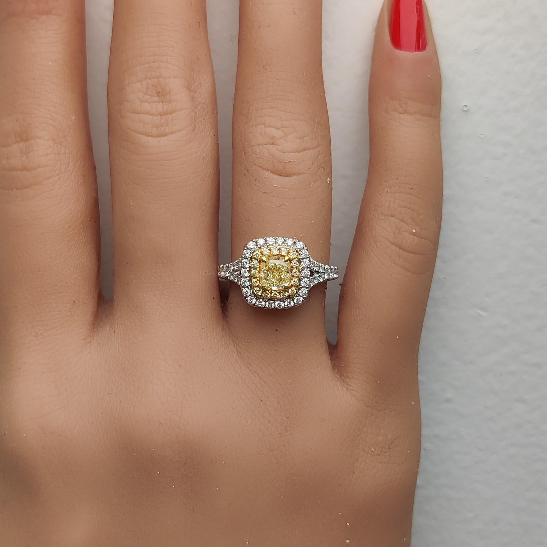 GIA Certified Natural Yellow Cushion Diamond 1.42 Carat TW Gold Cocktail Ring In New Condition For Sale In New York, NY