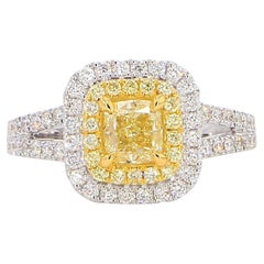 Anillo de cóctel de oro de 1.42 quilates TW con diamante amarillo natural en cojín certificado por el GIA