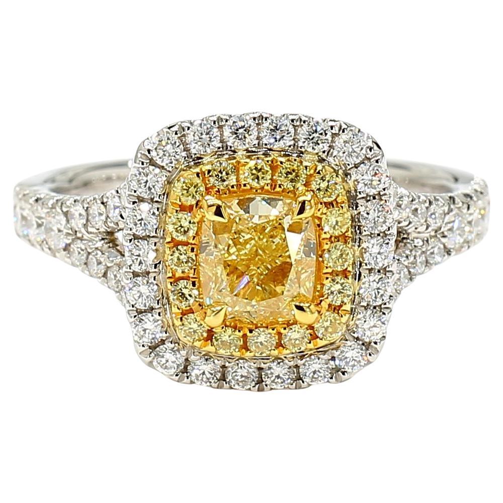 GIA Certified Natural Yellow Cushion Diamond 1.42 Carat TW Gold Cocktail Ring