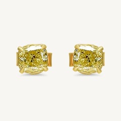 GIA Certified Natural Yellow Cushion Diamond 1.44 Carat TW Gold Stud Earrings