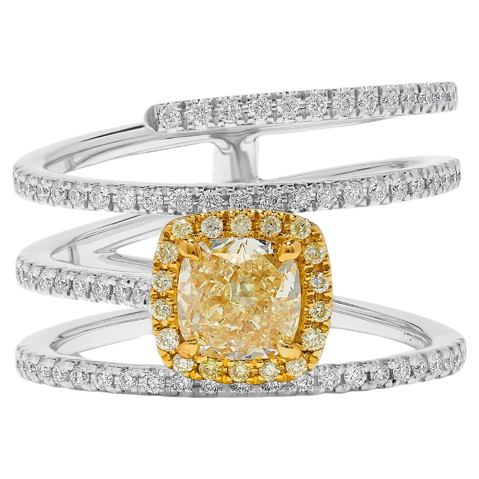 GIA Certified Natural Yellow Cushion Diamond 1.45 Carat TW Gold Cocktail Ring