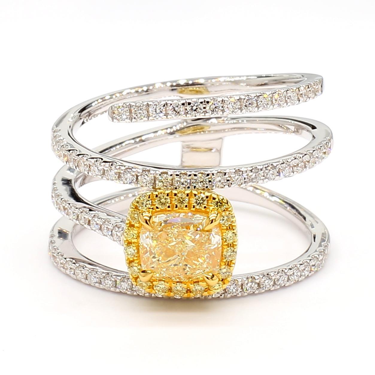 Contemporary GIA Certified Natural Yellow Cushion Diamond 1.46 Carat TW Gold Cocktail Ring For Sale