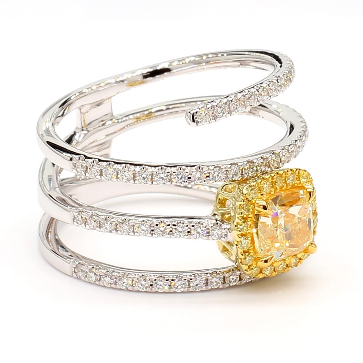 Cushion Cut GIA Certified Natural Yellow Cushion Diamond 1.46 Carat TW Gold Cocktail Ring For Sale