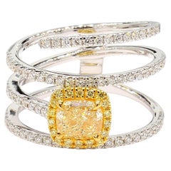 GIA Certified Natural Yellow Cushion Diamond 1.46 Carat TW Gold Cocktail Ring