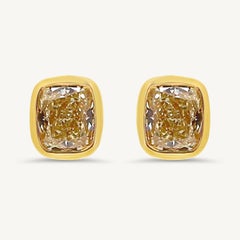 GIA Certified Natural Yellow Cushion Diamond 1.46 Carat TW Gold Stud Earrings