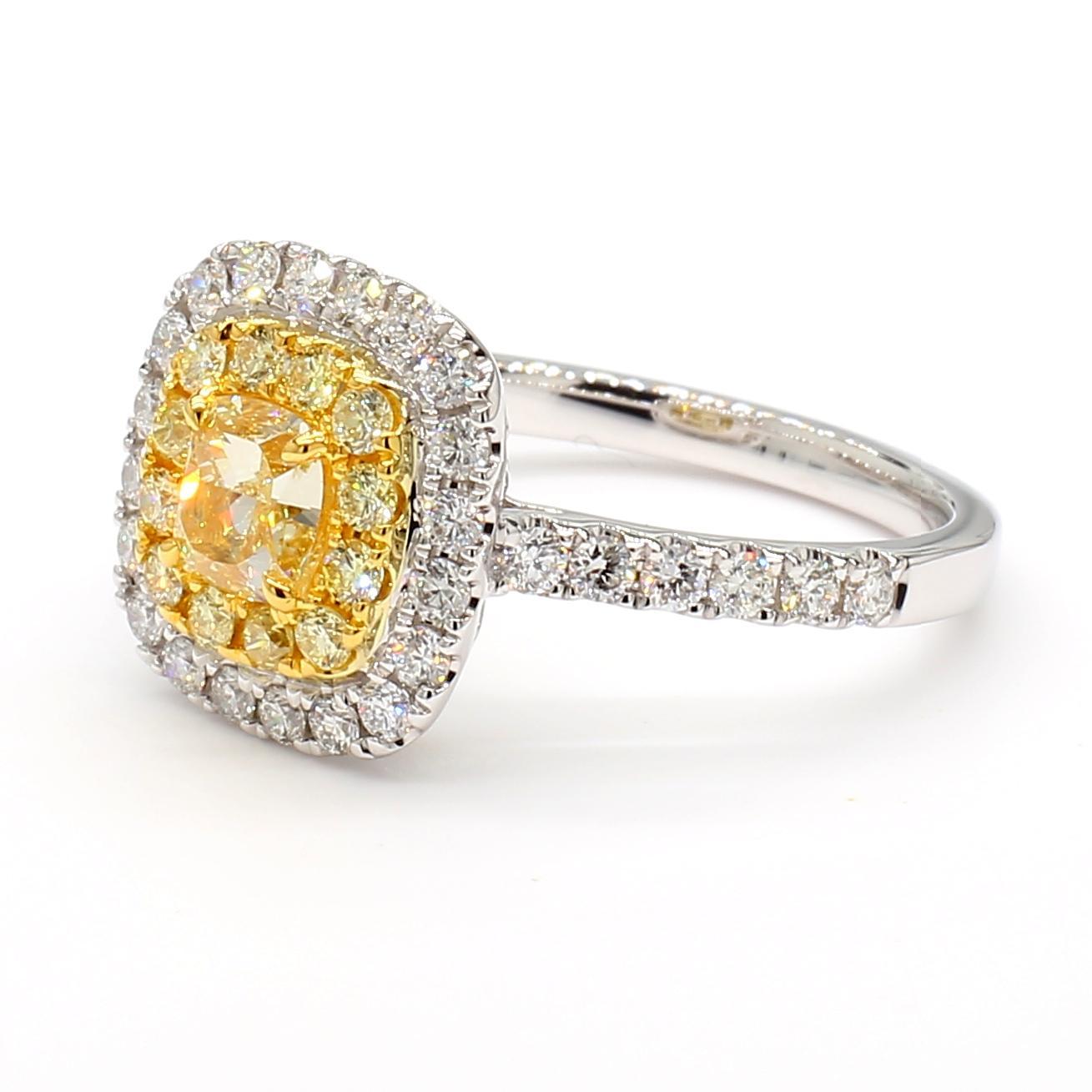 RareGemWorld's beautiful GIA certified diamond ring. Mounted in a beautiful 18K Yellow and White Gold setting with a natural cushion cut yellow diamond. The yellow diamond is surrounded by round natural yellow diamond melee and round natural white