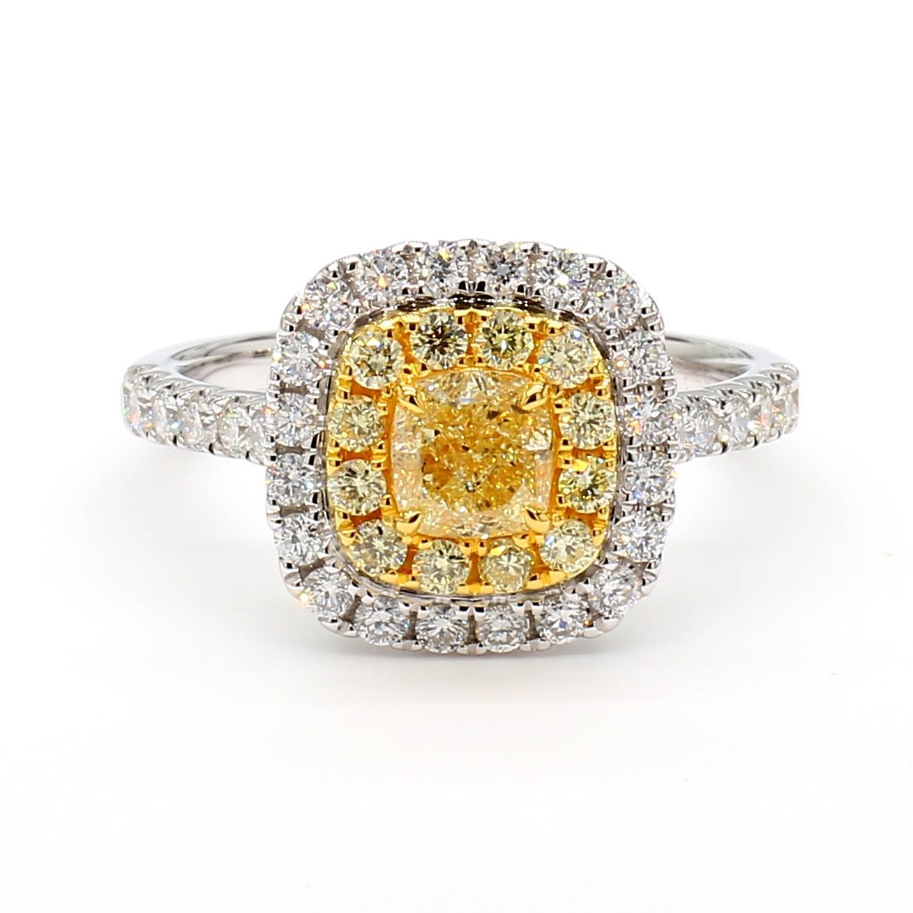 Contemporary GIA Certified Natural Yellow Cushion Diamond 1.53 Carat TW Gold Cocktail Ring For Sale