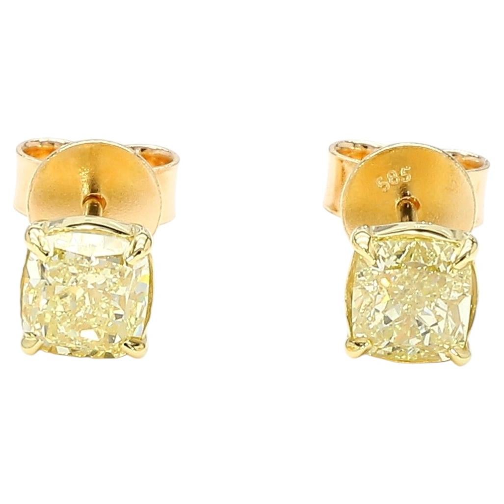 GIA Certified Natural Yellow Cushion Diamond 1.54 Carat TW Gold Earrings