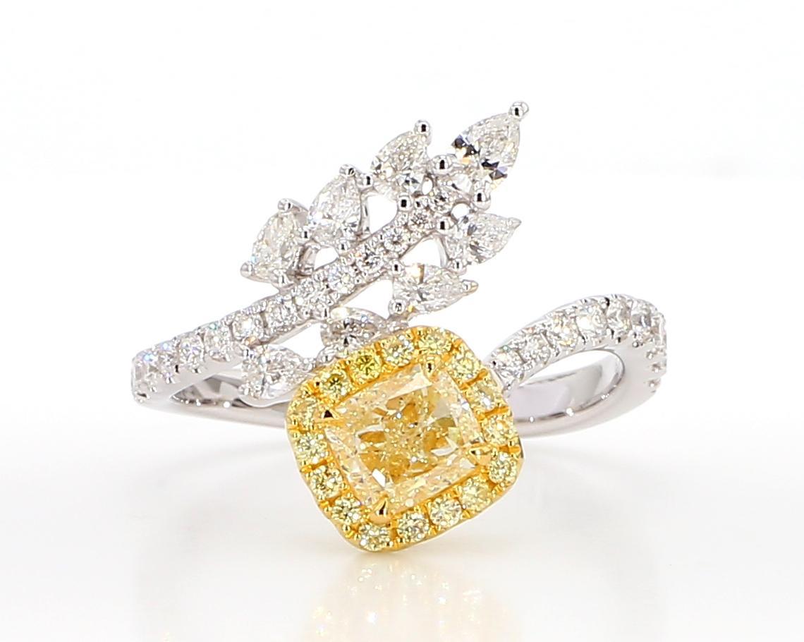 Contemporary GIA Certified Natural Yellow Cushion Diamond 1.59 Carat TW Gold Cocktail Ring For Sale