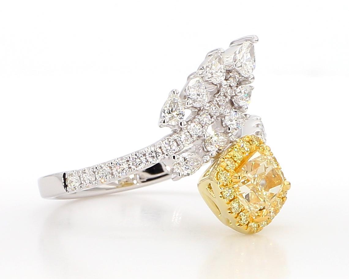 Cushion Cut GIA Certified Natural Yellow Cushion Diamond 1.59 Carat TW Gold Cocktail Ring For Sale