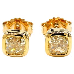 GIA Certified Natural Yellow Cushion Diamond 1.61 Carat TW Gold Stud Earrings