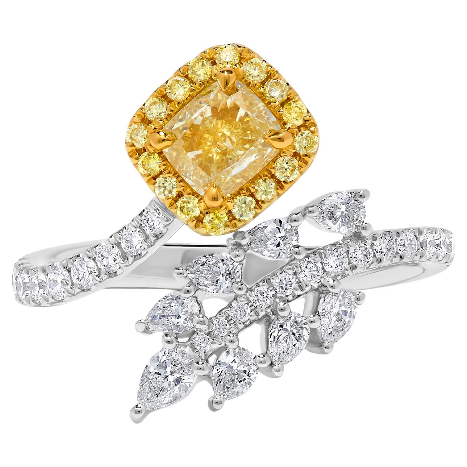 GIA Certified Natural Yellow Cushion Diamond 1.69 Carat TW Gold Cocktail Ring For Sale
