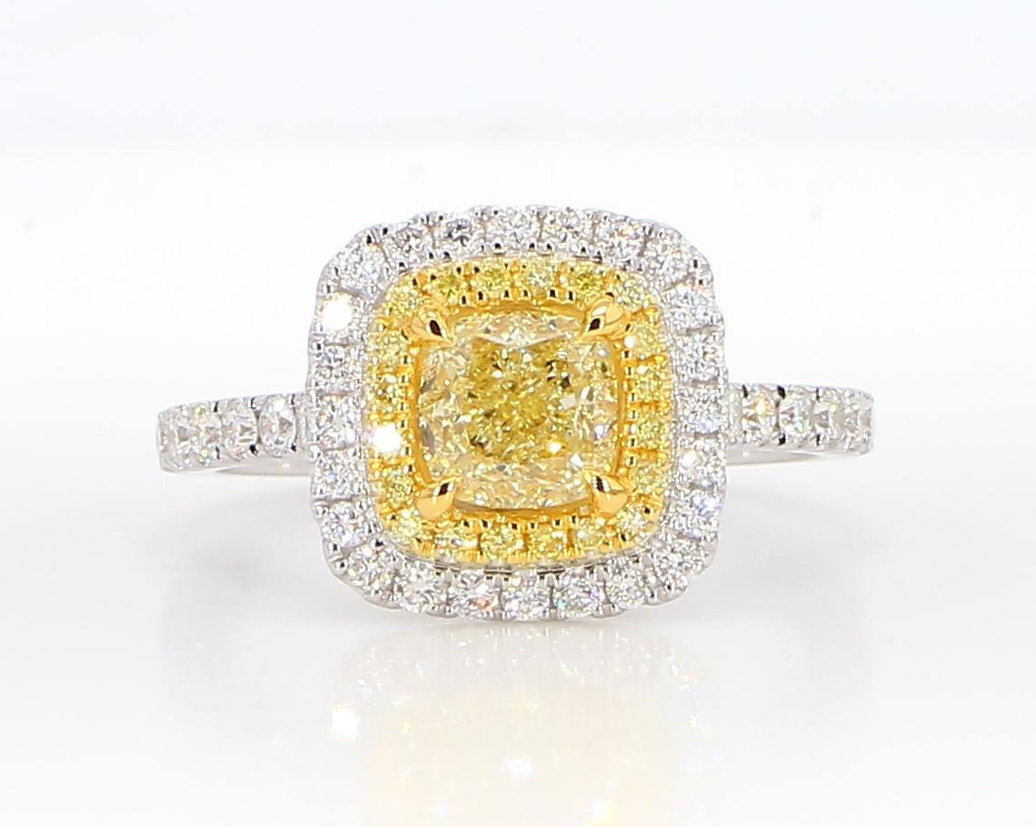 Contemporary GIA Certified Natural Yellow Cushion Diamond 1.71 Carat TW Gold Cocktail Ring For Sale