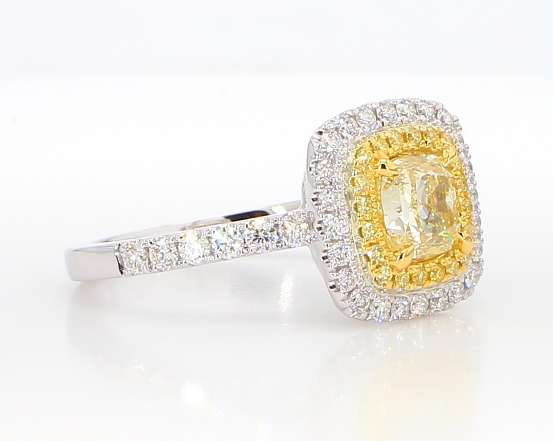 Cushion Cut GIA Certified Natural Yellow Cushion Diamond 1.71 Carat TW Gold Cocktail Ring For Sale