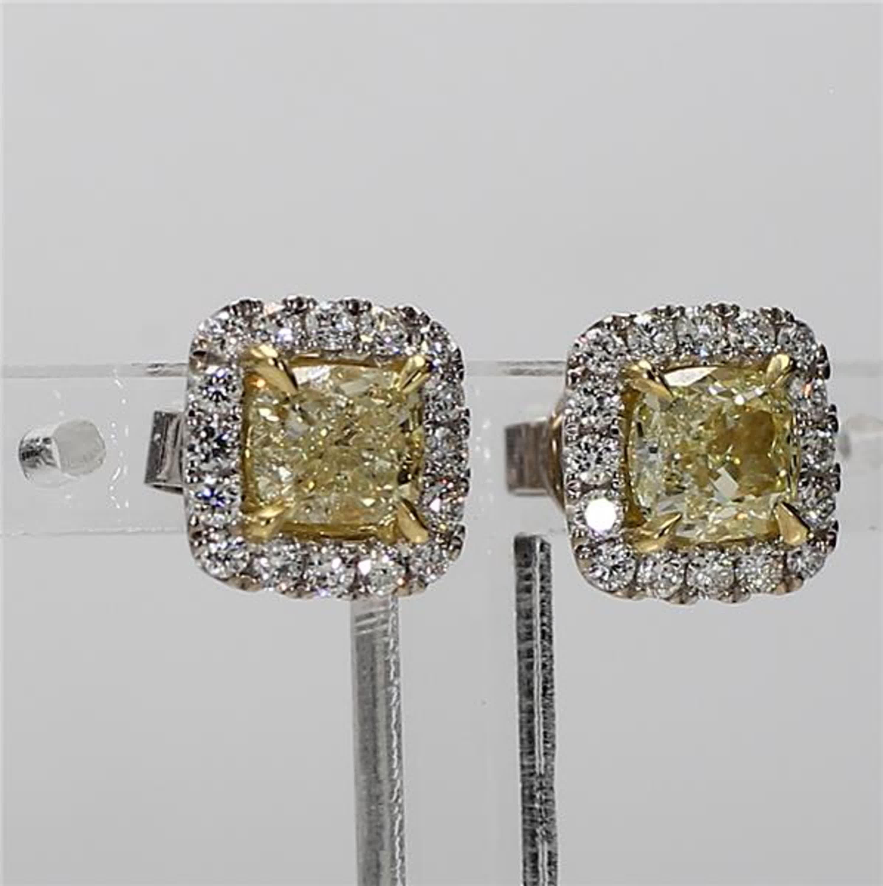 GIA Certified Natural Yellow Cushion Diamond 1.90 Carat TW Gold Stud Earrings For Sale 1