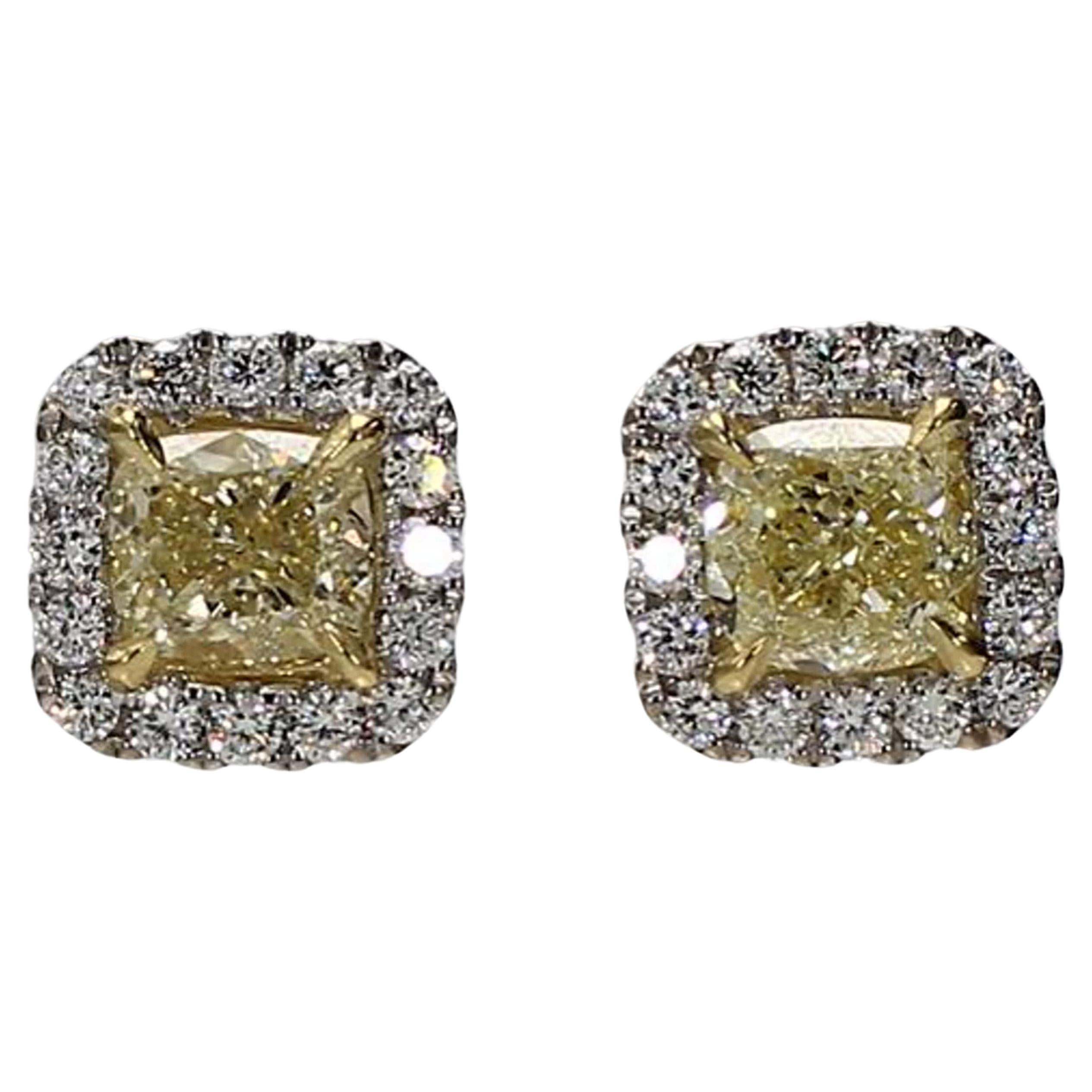 GIA Certified Natural Yellow Cushion Diamond 1.90 Carat TW Gold Stud Earrings For Sale