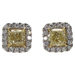 GIA Certified Natural Yellow Cushion Diamond 1.90 Carat TW Gold Stud Earrings