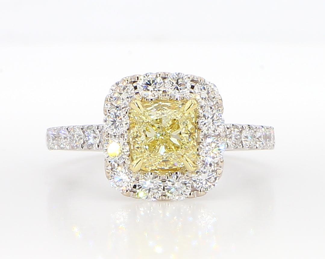 Contemporary GIA Certified Natural Yellow Cushion Diamond 1.94 Carat TW Gold Cocktail Ring For Sale