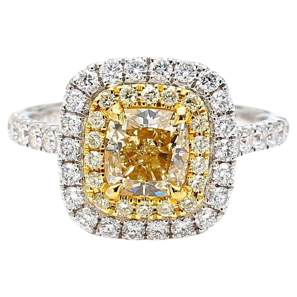 GIA Certified Natural Yellow Cushion Diamond 1.95 Carat TW Gold Cocktail Ring