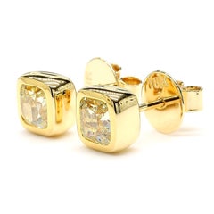 GIA Certified Natural Yellow Cushion Diamond 2.00 Carat TW Gold Stud Earrings