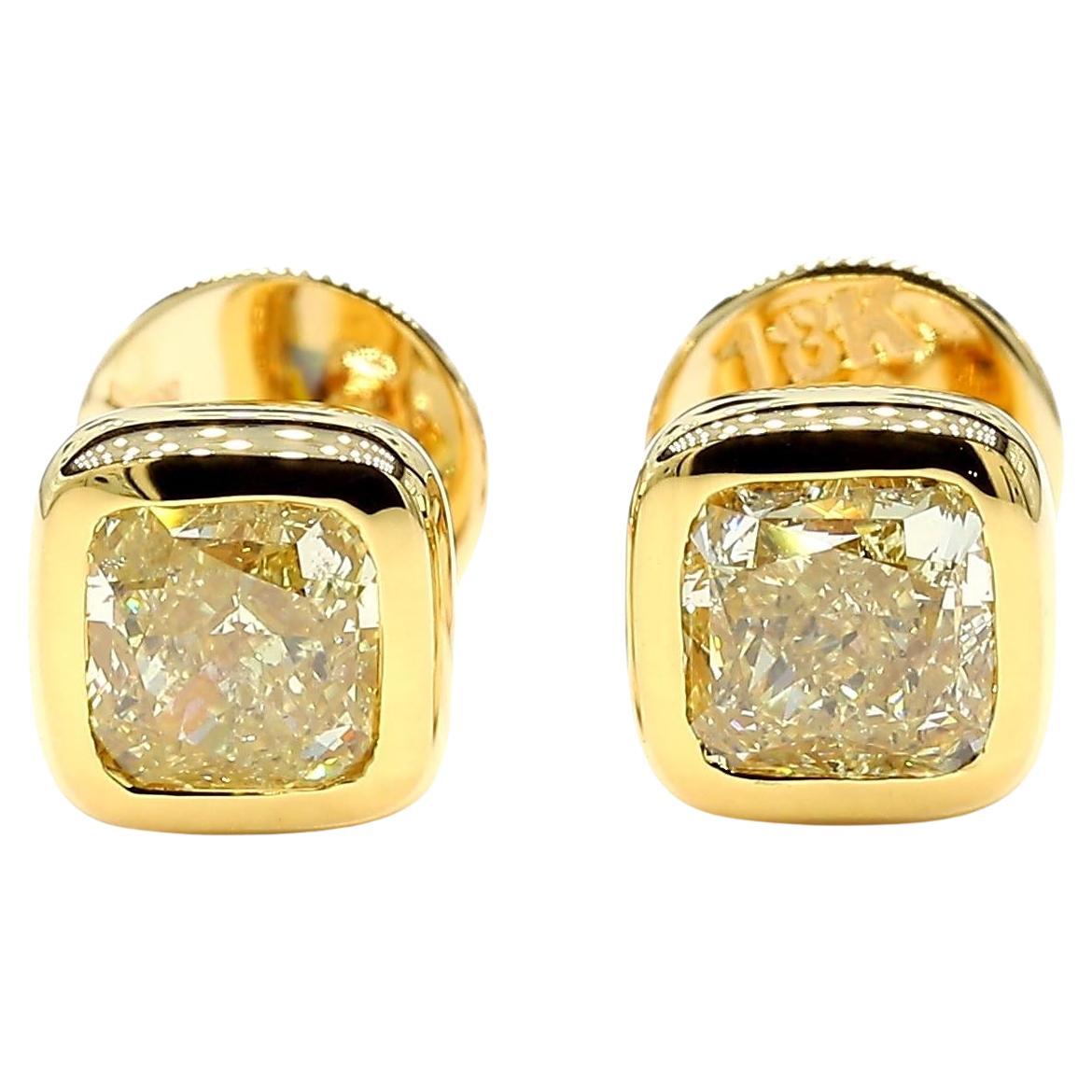 GIA Certified Natural Yellow Cushion Diamond 2.00 Carat TW Gold Stud Earrings
