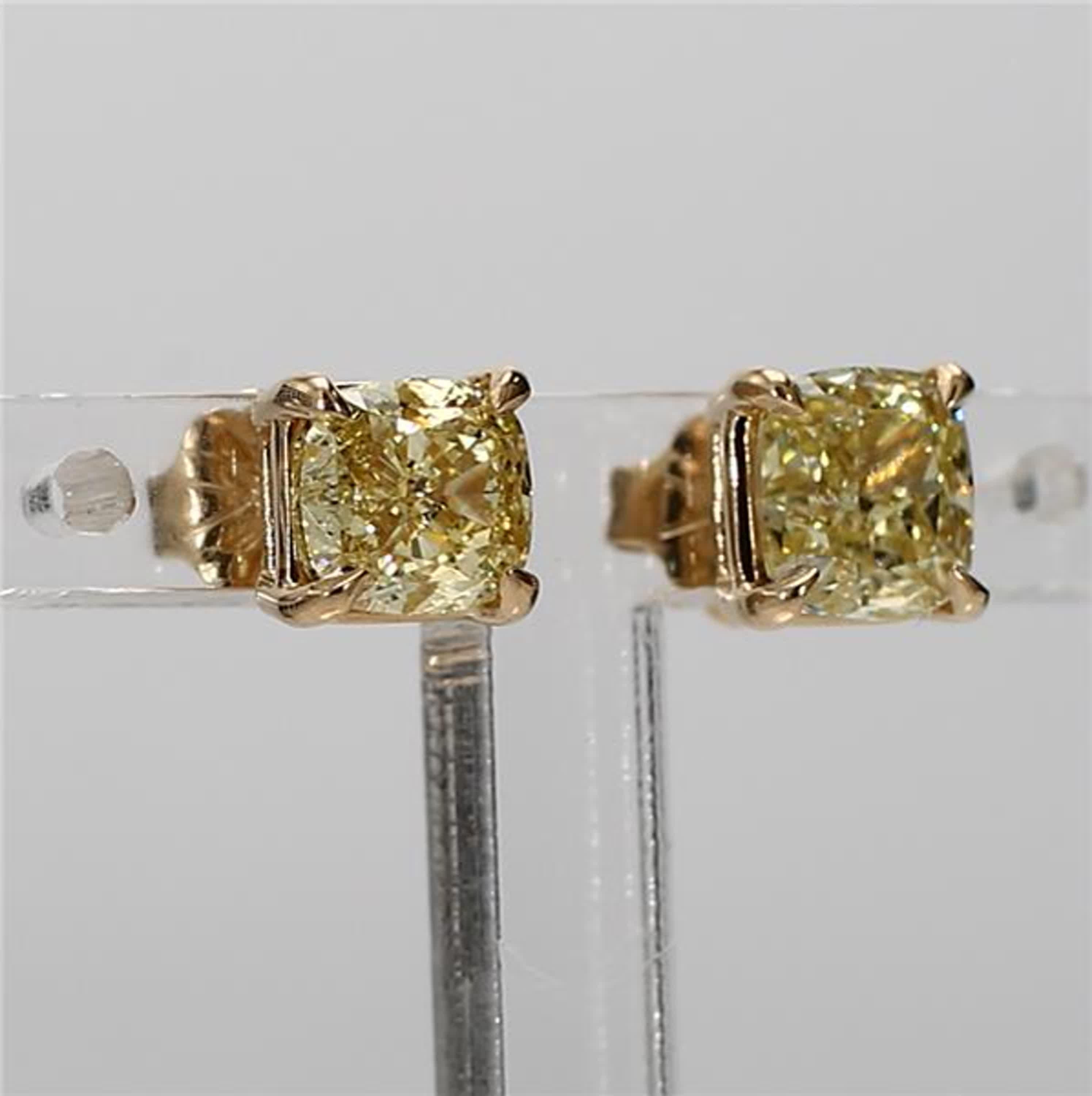 GIA Certified Natural Yellow Cushion Diamond 2.04 Carat TW Gold Stud Earrings For Sale 1