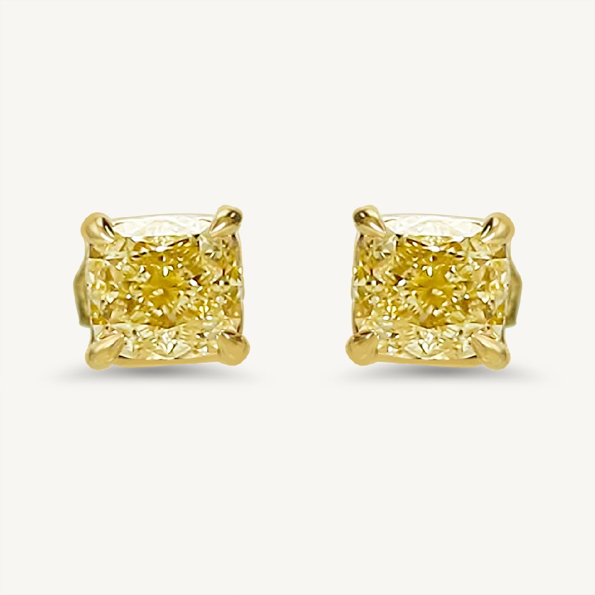 GIA Certified Natural Yellow Cushion Diamond 2.04 Carat TW Gold Stud Earrings For Sale