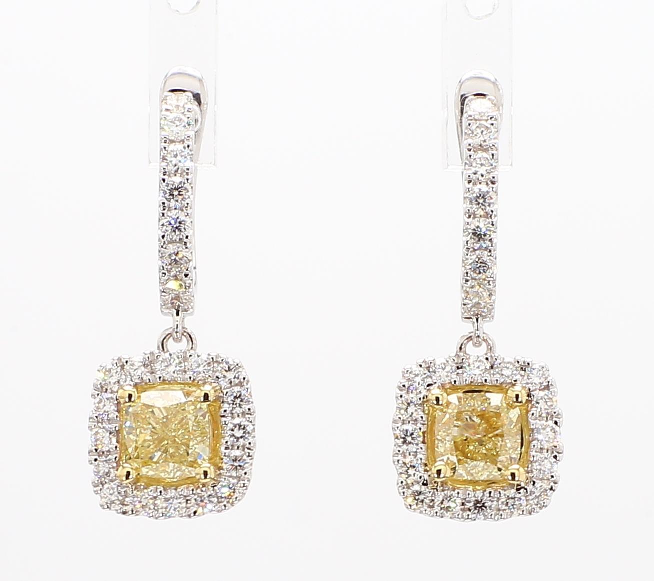 Contemporary GIA Certified Natural Yellow Cushion Diamond 2.10 Carat TW Gold Drop Earrings For Sale