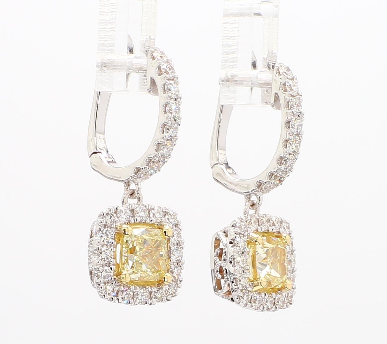 Cushion Cut GIA Certified Natural Yellow Cushion Diamond 2.10 Carat TW Gold Drop Earrings For Sale