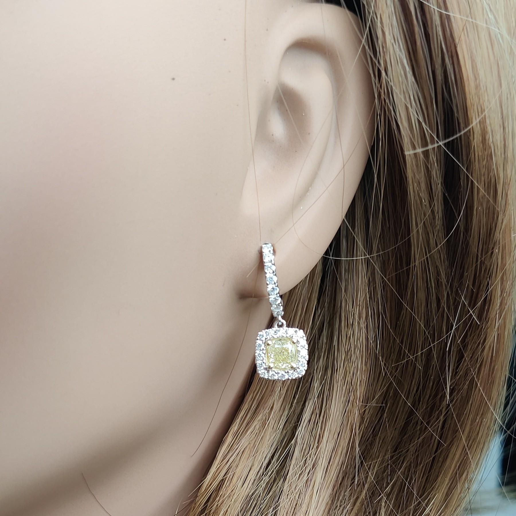 GIA Certified Natural Yellow Cushion Diamond 2.10 Carat TW Gold Drop Earrings In New Condition For Sale In New York, NY