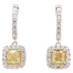 GIA Certified Natural Yellow Cushion Diamond 2.10 Carat TW Gold Drop Earrings