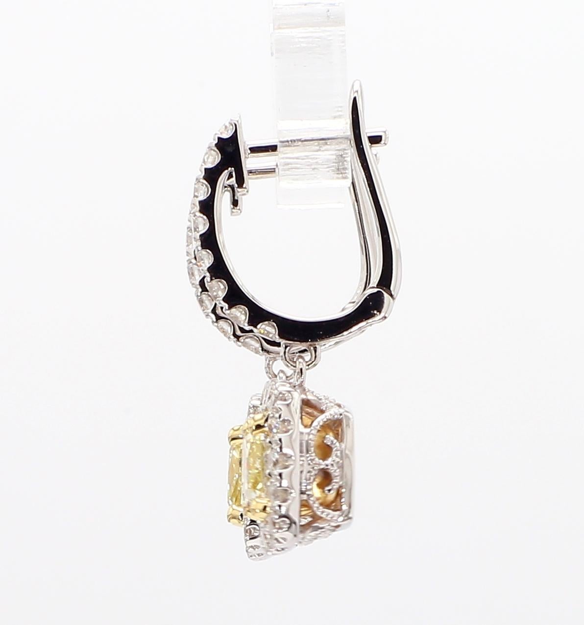Contemporary Natural Yellow Cushion Diamond 2.16 Carat TW Gold Drop Earrings For Sale