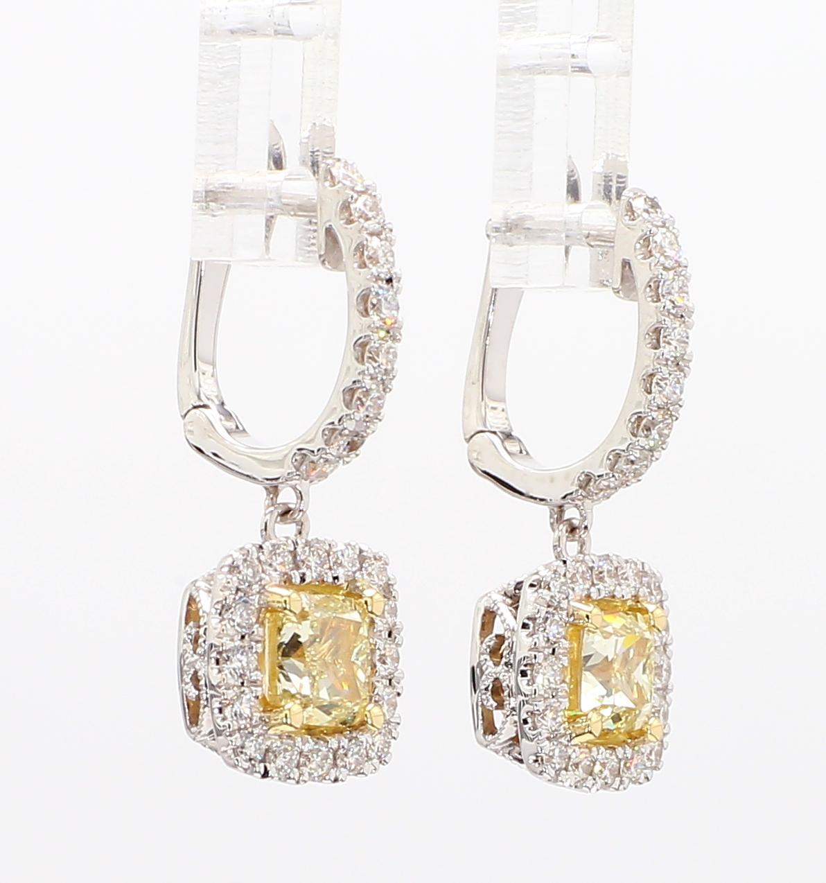 Cushion Cut Natural Yellow Cushion Diamond 2.16 Carat TW Gold Drop Earrings For Sale