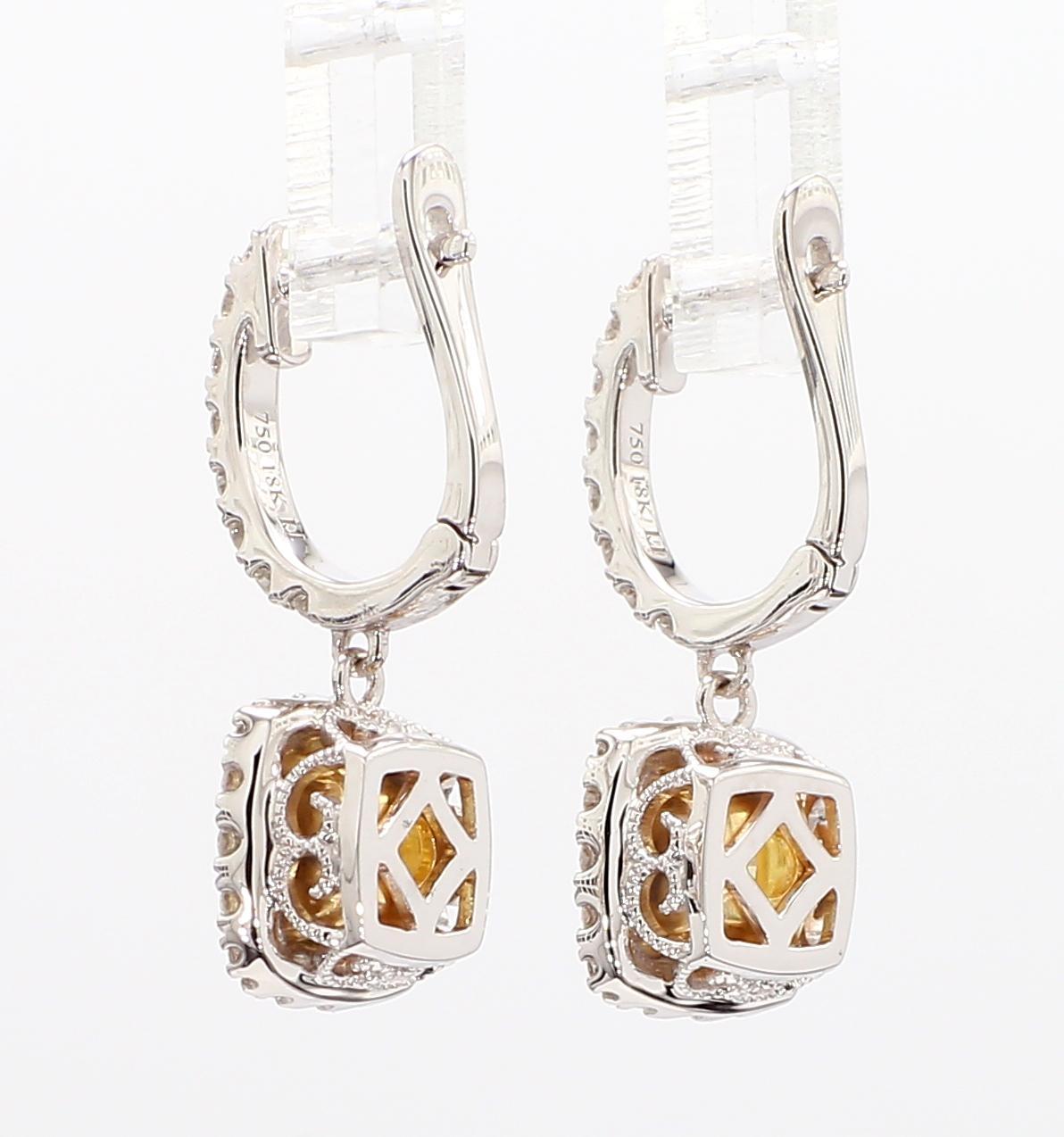 GIA Certified Natural Yellow Cushion Diamond 2.16 Carat TW Gold Drop Earrings In New Condition For Sale In New York, NY