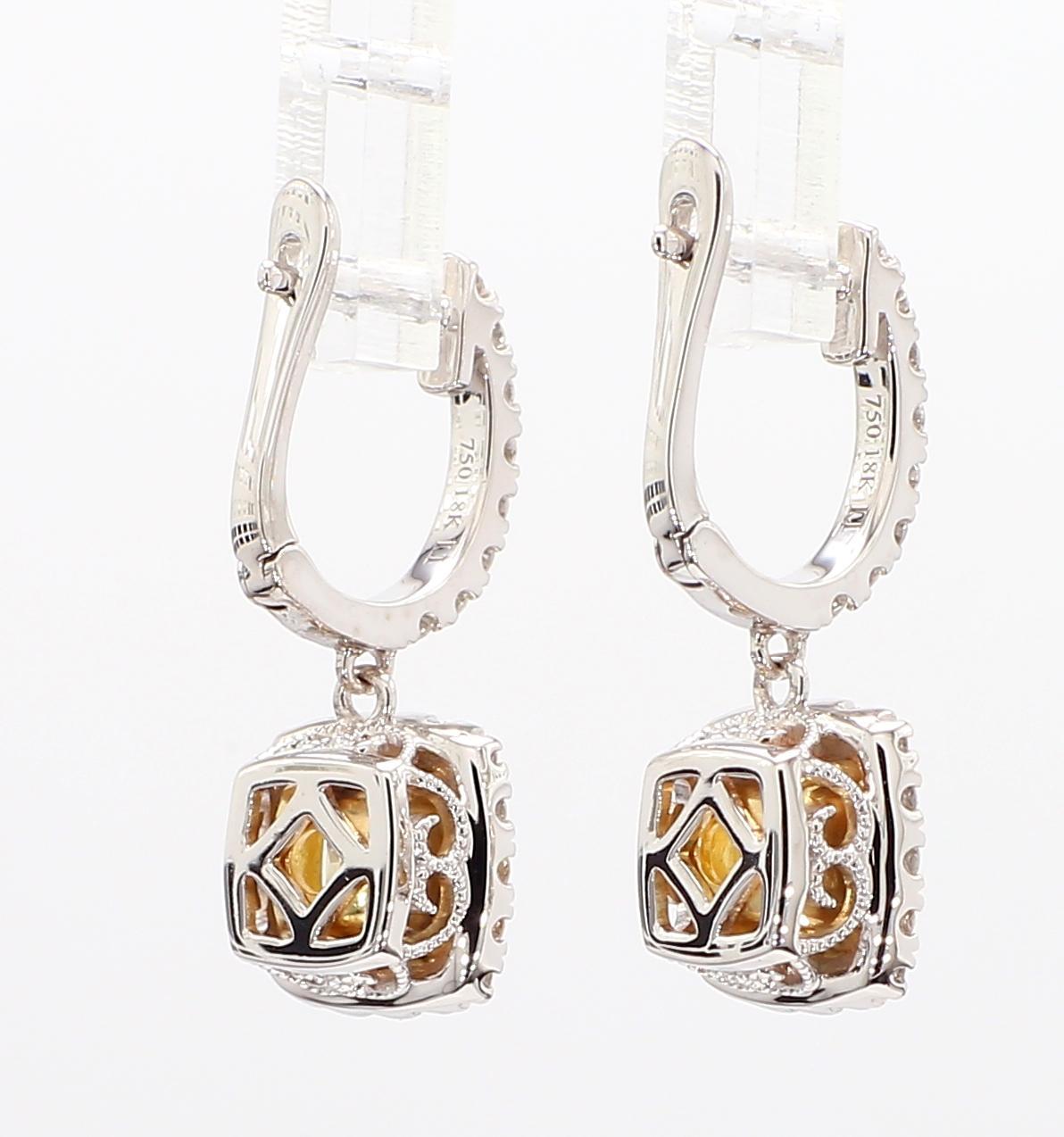 GIA Certified Natural Yellow Cushion Diamond 2.16 Carat TW Gold Drop Earrings For Sale 1