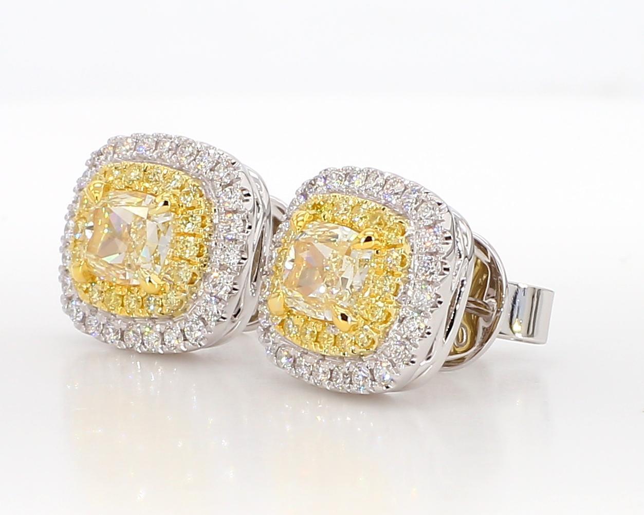 Contemporary GIA Certified Natural Yellow Cushion Diamond 2.20 Carat TW Gold Stud Earrings For Sale