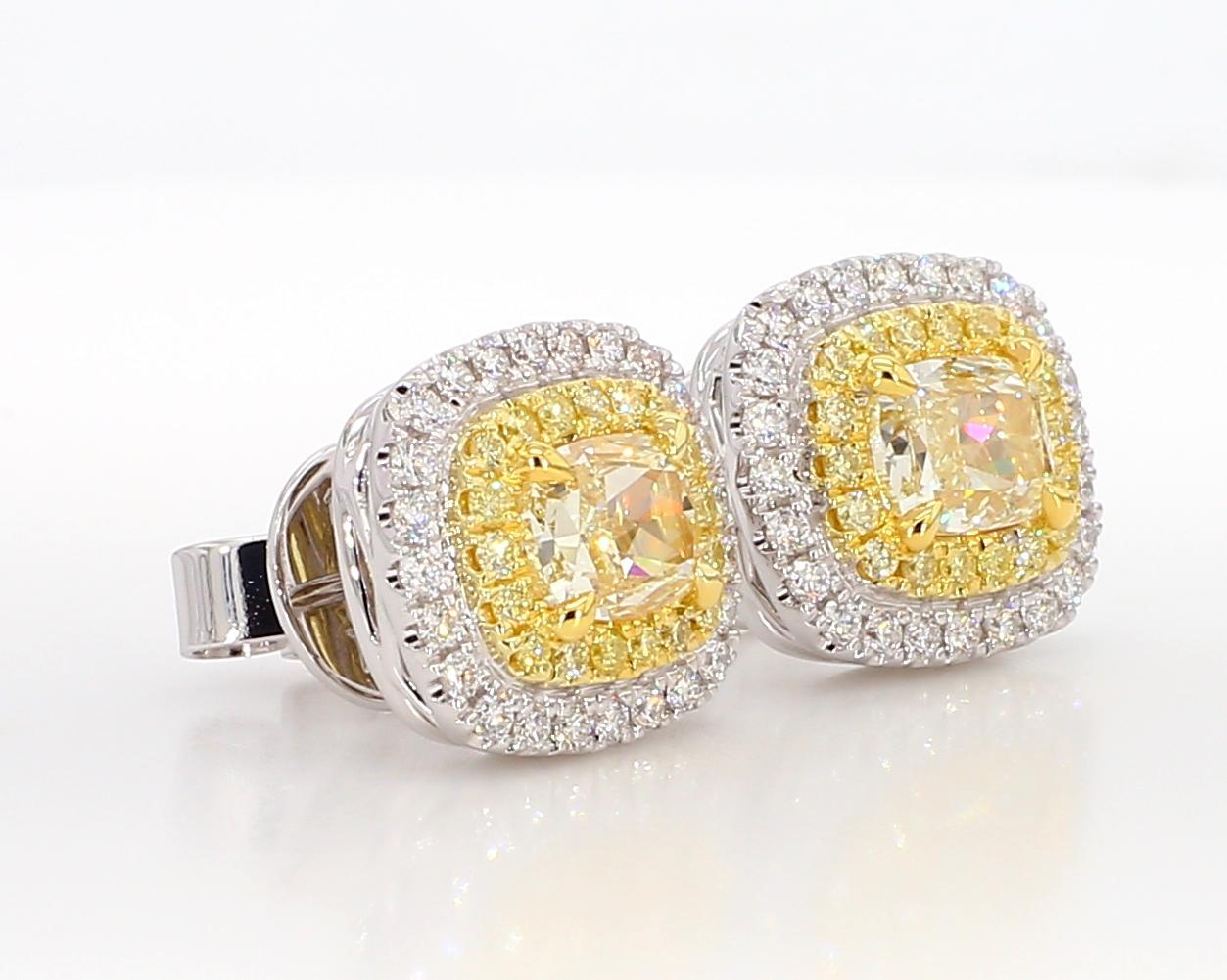GIA Certified Natural Yellow Cushion Diamond 2.20 Carat TW Gold Stud Earrings For Sale 3