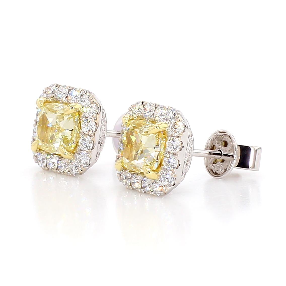 RareGemWorld's beautiful GIA certified diamond earrings. Mounted in a beautiful 18K Yellow and White Gold setting with natural cushion cut yellow diamonds. The yellow diamonds are surrounded by round natural white diamond melee. These earrings are