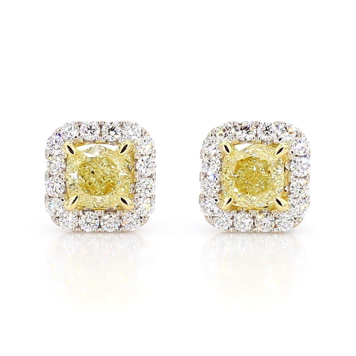Contemporary GIA Certified Natural Yellow Cushion Diamond 2.21 Carat TW Gold Stud Earrings For Sale