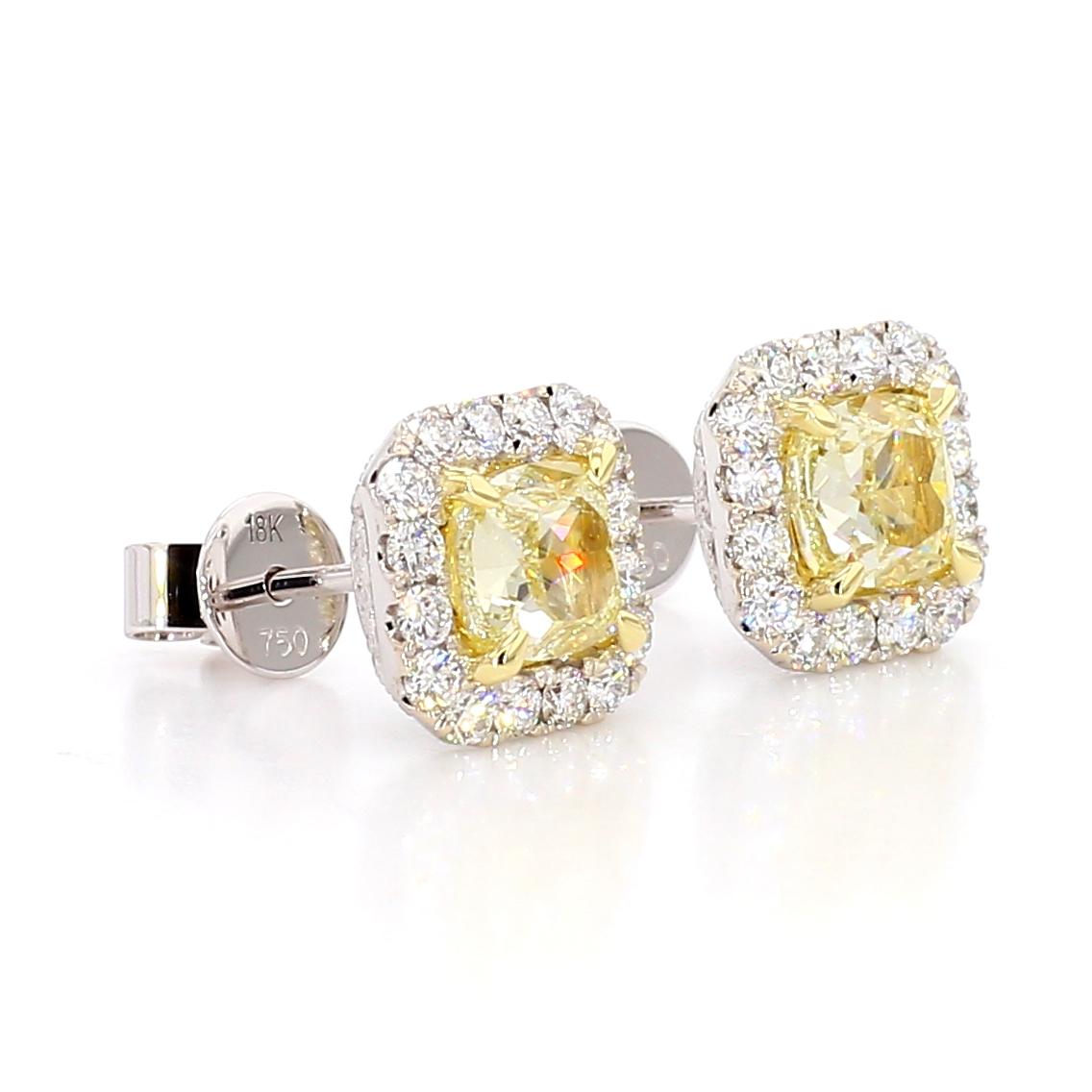 Cushion Cut GIA Certified Natural Yellow Cushion Diamond 2.21 Carat TW Gold Stud Earrings For Sale
