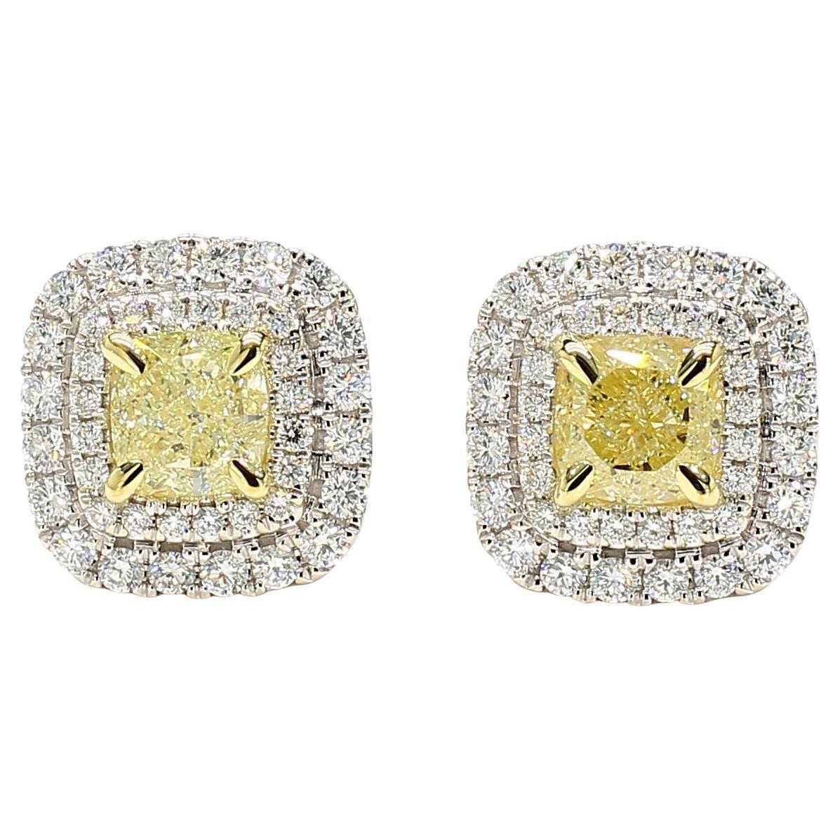 GIA Certified Natural Yellow Cushion Diamond 2.21 Carat TW Gold Stud Earrings