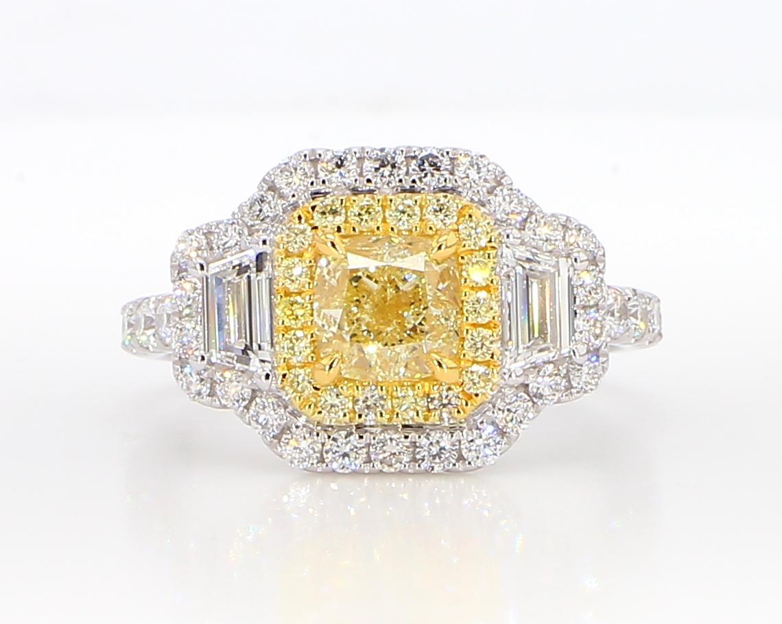 Contemporary GIA Certified Natural Yellow Cushion Diamond 2.24 Carat TW Gold Cocktail Ring For Sale