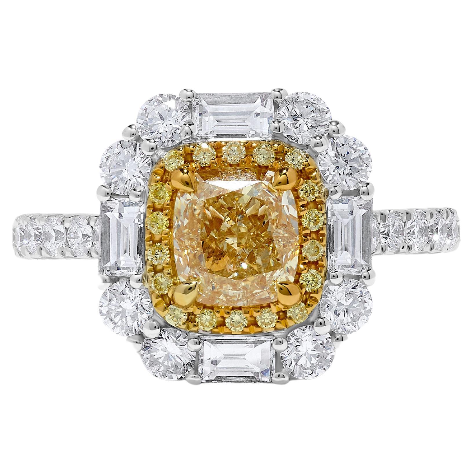 GIA Certified Natural Yellow Cushion Diamond 2.45 Carat TW Gold Cocktail Ring For Sale