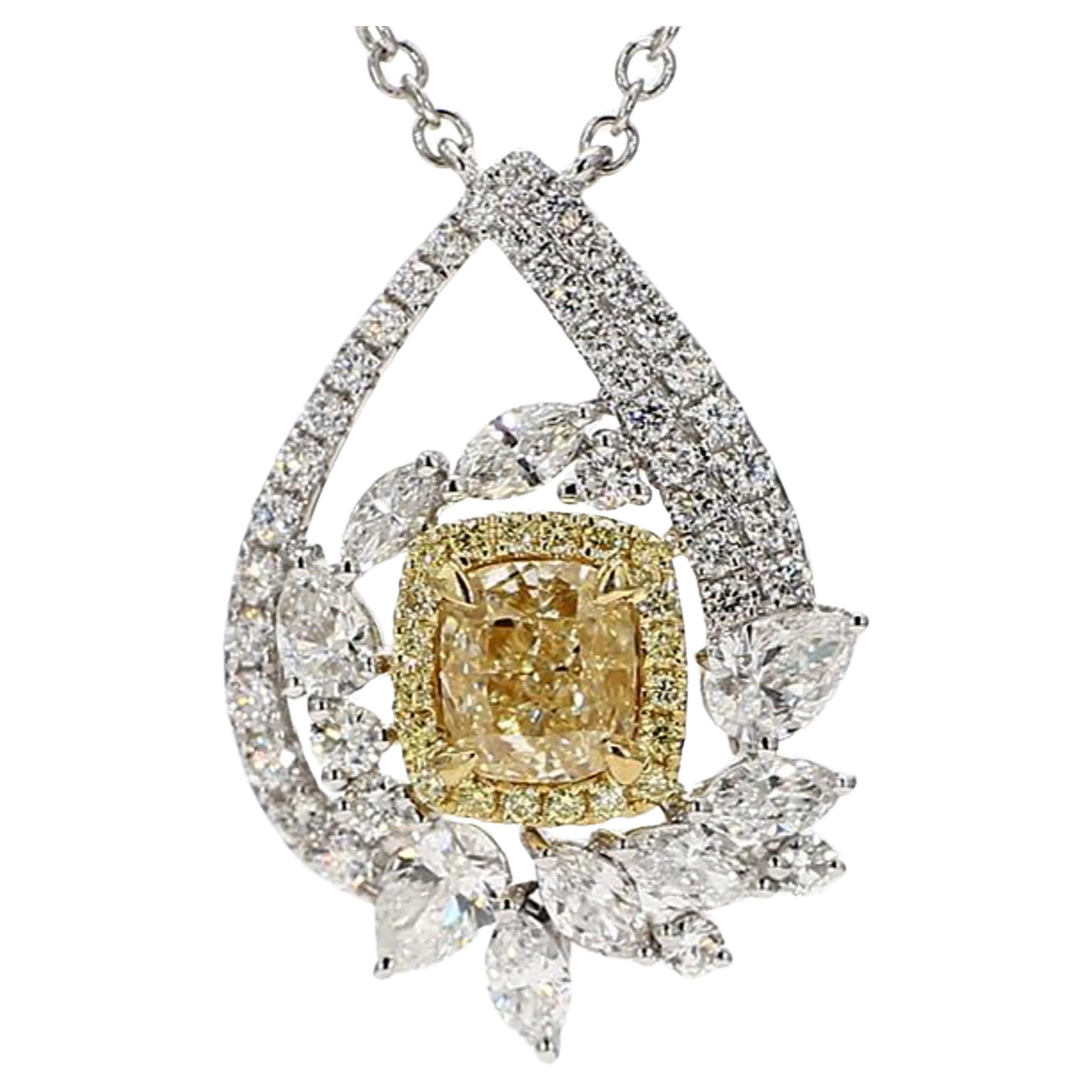 GIA Certified Natural Yellow Cushion Diamond 2.66 Carat Gold Drop Necklace For Sale